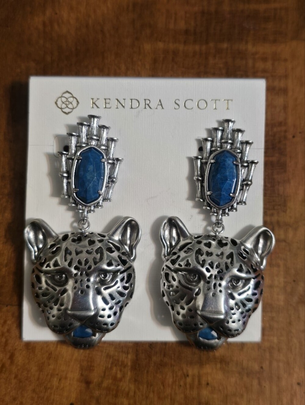 Kendra Scott Silver Leopard Head Drop Earrings with Deep Blue Stones